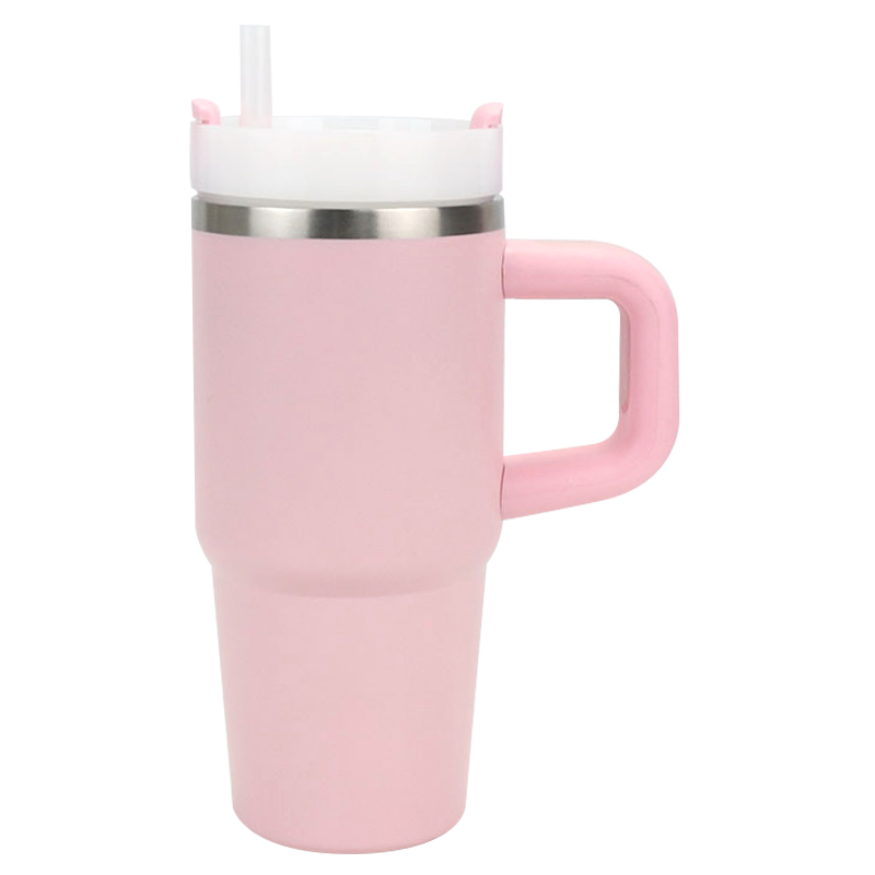 Couvercle de tasse en plastique rose 360ml, poignée en acier inoxydable, gobelet de voiture