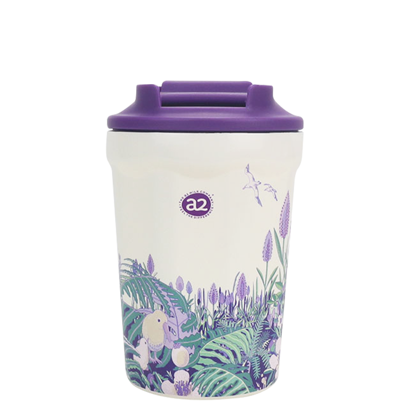 Tasse à café portative en acier inoxydable 350, imprimé de fleurs de plantes violettes, 304 ml