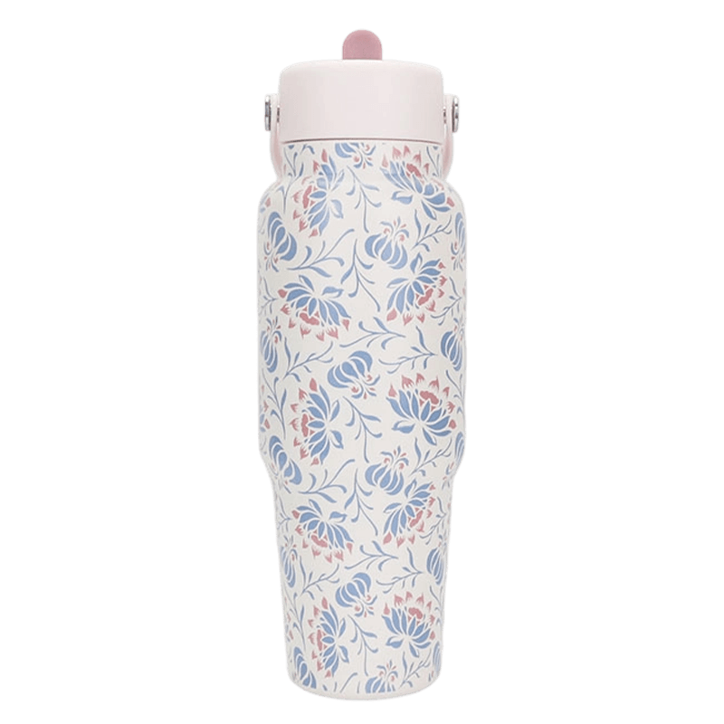 Gobelet de voiture en titane floral bleu rose de 900 ml avec poignée supérieure